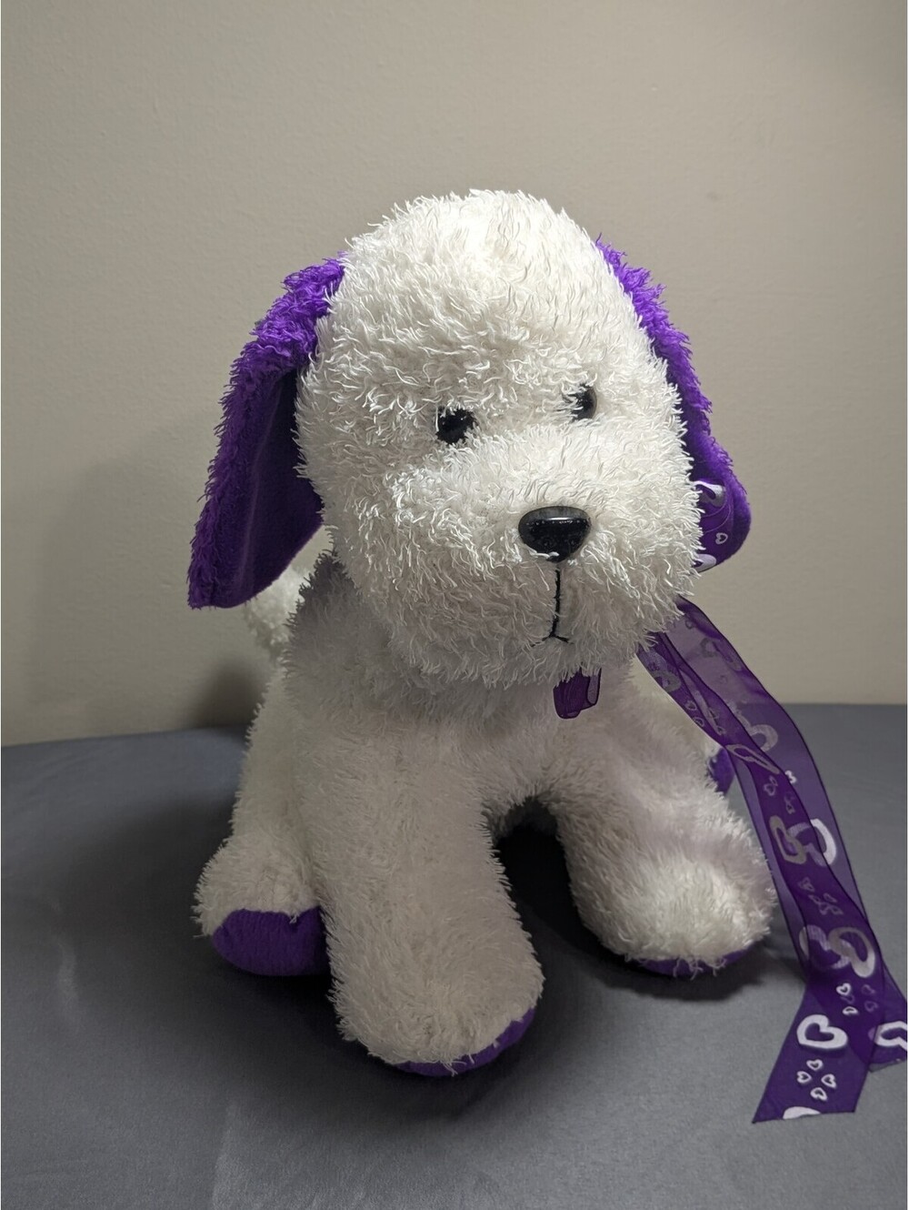 Love's Love Pets Plush White Dog with Purple Ears and Ribbon